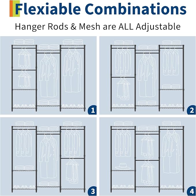 Clothes Rack, Free Standing Garment Rack for Hang Clothes, Adjustable Clothing Closet with 4 Sturdy Rods & 7 Storage Shelves, Portable Wardrobe Racks & Easy Assembly, 76.5"H x 67.6"L x 15.5"W ﻿ ﻿