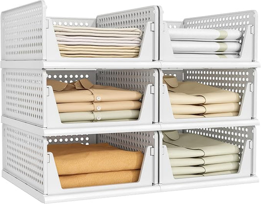 Pinkpum 6 Pack Closet Organizer Storage Bins Stackable Plastic Drawer Shelf | Basket for Clothing Stackable Storage Bins Shelf Storage Container for Closet Wardrobe Bedroom Bathroom Office White Foldable