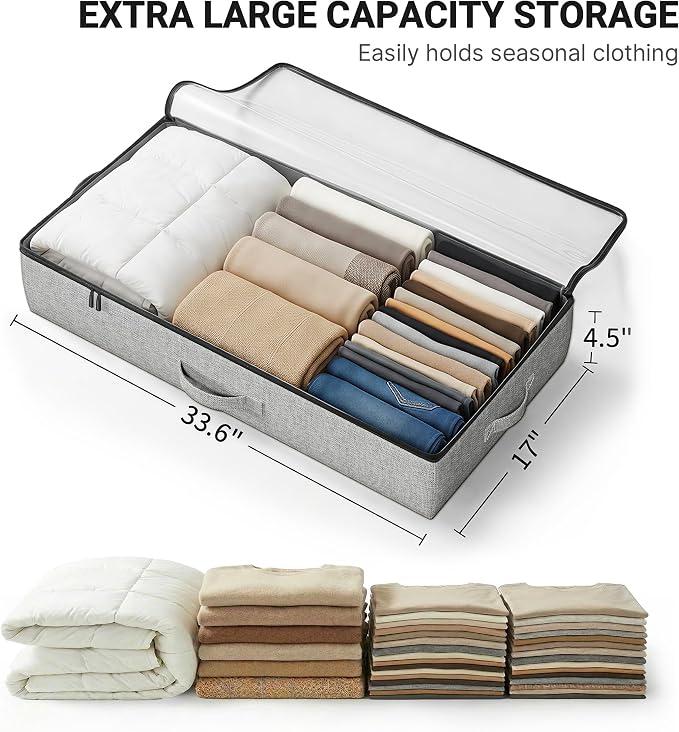 TidyCorner 2-Pack Under Bed Storage Containers, 4.5 Inches Tall Low Profile Underbed Clothes Storage Organizer Bin with Sturdy Sidewalls/Bottom, Underbed Storage Bins 2 Storage Thin Bins