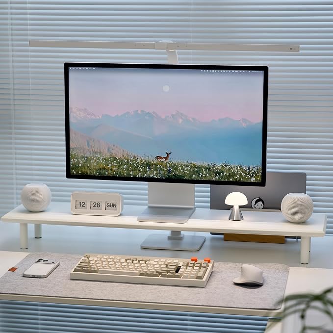 Bamboo Dual Monitor Stand Riser, White Desk Shelf with Storage | 39.37-Inch Wide, 3.5-Inch Clearance, Fits Keyboards, Soundbars and Two 24-Inch Monitors for Home Office
