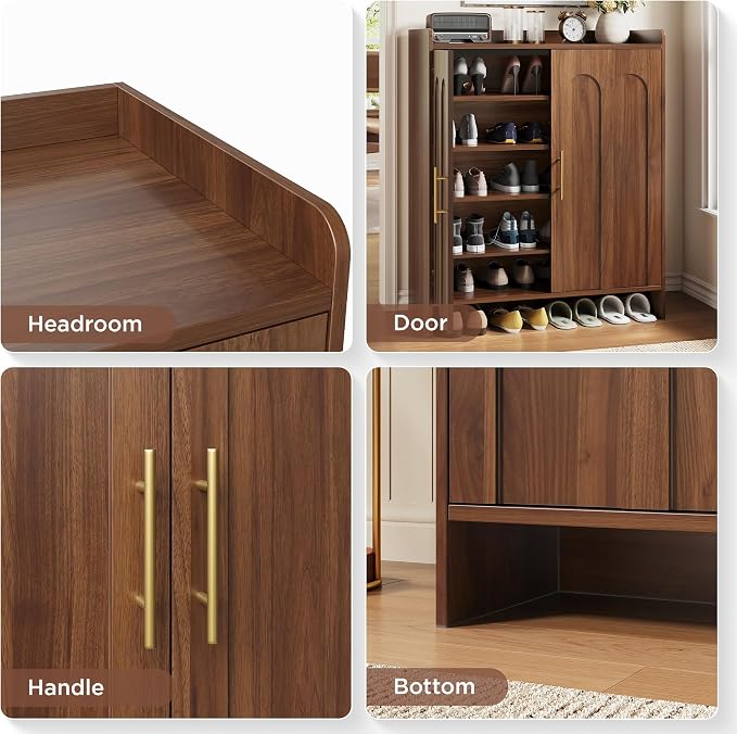 Maupvit 38.39" Tall Modern Shoe Cabinet, Entryway Storage Cabinet with Arched Doors & Gold Handles, Wood Shoe Organizer with Shelves, Freestanding Shoe Rack for Hallway, Living Room, Walnut