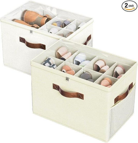 2 Pack Shoe Organizer for Closet, Foldable Shoe Storage with Adjustable | Farbic shoe storage organizer box bin with clear cover, fits up to 16 pairs, shoe storage box for closet, entryway, yellow