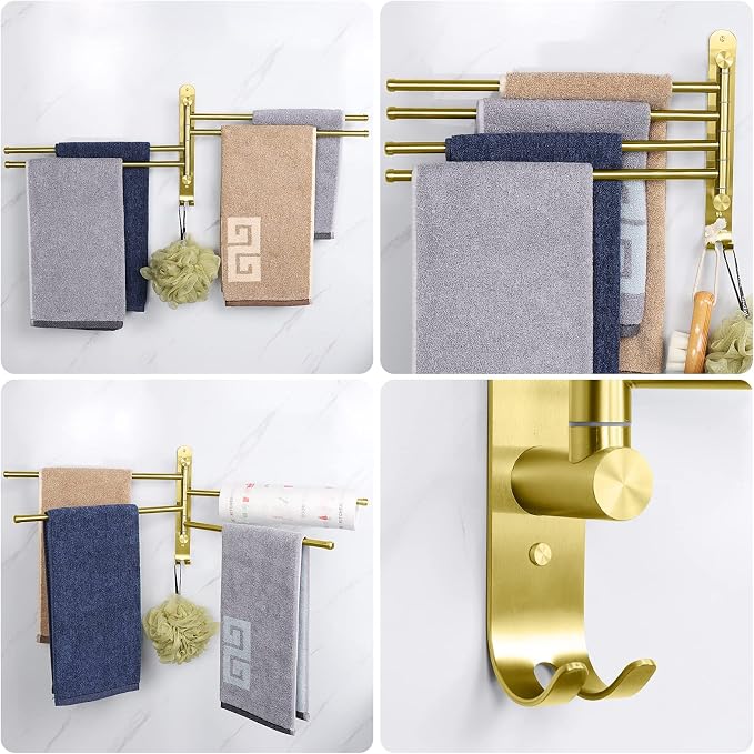 NearMoon Swivel Towel Rack, 13.8" Thicken 304 Stainless Steel 4-Arm Towel Bar, Space Saving Wall Mounted Towel Holder with Hook, Rustproof Swing Out Towel Hanger for Bathroom, Kitchen (Brushed Gold)