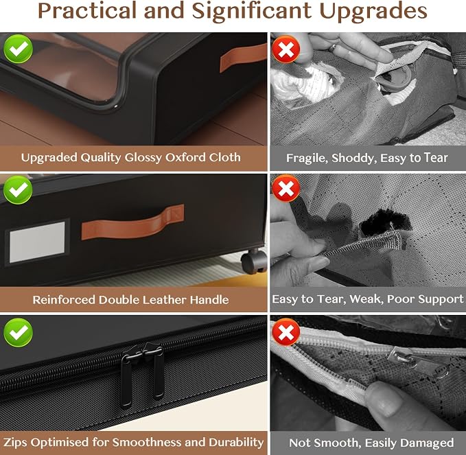 Under Bed Storage with Wheels, UnderBed Storage Containers with Clear Lid and Handles, XXL 60L Under the Bed Storage Bins Drawers for Clothes,Blankets,Shoes,Books (BLACK, 4 PACK)