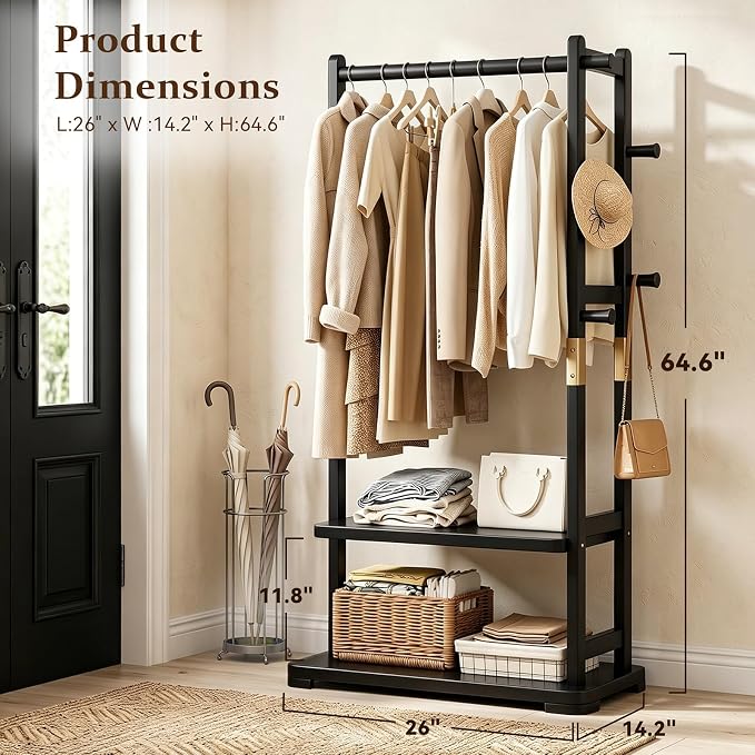 Solid Wood Clothes Rack with 2 Shelves & 4 Hooks for Hanging Clothes Garment Wallets Hats, Black Clothing Rack Heavy Duty Coat Rack Freestanding with Storage Hall Tree for Hallway Bedroom Living Room | Hallway bedroom living room, durable wood construc...