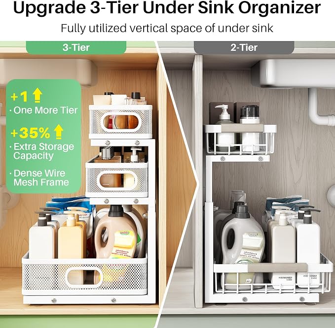 Kitstorack Under Sink Organizer, 1-Pack 3-Tier Height Adjustable Thickened Metal Pull out Cabinet Organizer Shelf, Slide out Storage Drawer Rack for Bathroom Kitchen Pantry Home Laundry Organization