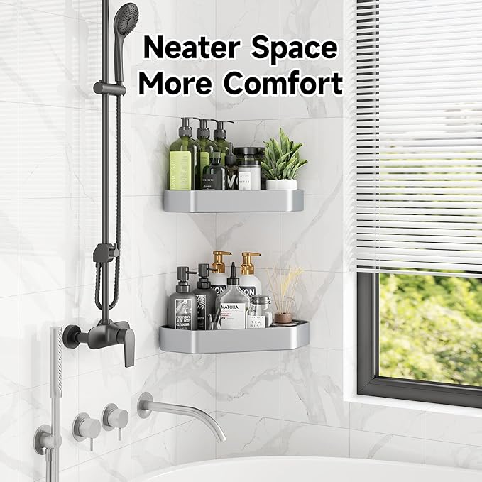 Veken Aluminum Corner Shower Caddy 4-Pack, Never Rust&Large Capacity,Silver | No Drilling Shelves, Rack with Soap Holder&Towel Bar, Super-Strong Adhesive for High Load, Bathroom Organizers and Storage