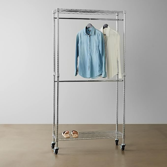Amazon Basics Adjustable Clothes Rack for Handing, Double Hanging Rod Garment Rolling Closet Clothing Organizer, Chrome, 36'' x 14'' x 72''