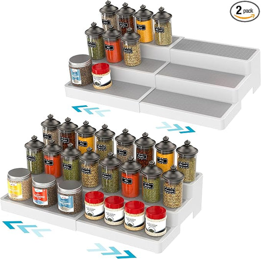 YAN & HIN Expandable Spice Rack Organizer for Cabinet (2 Pack), 3-Tier Tiered Spice Shelf Organizer with Non-Skid Surface, Spice Riser, Adjustable Pantry Organizer for Spices, Cans & Medicine Cabinet