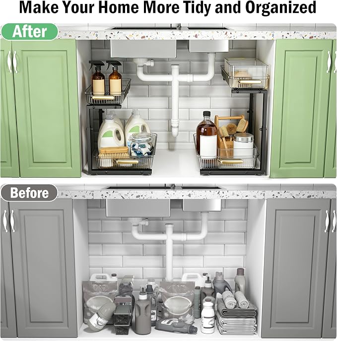 ARSTPEOE Under Sink Organizer - 2 Pack Multi-Purpose Pull-Out Storage Shelf | Slide out Pull out Cabinet Organizer Shelf, Storage for Kitchen Bathroom, Clear