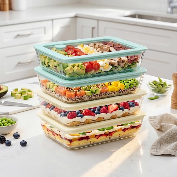 Glass Food Container Set with Glass Lid, 4 Pack, Food Storage Containers with Airtight Lid, LeakProof, 100% Plastic Free, Meal Prep Container Set