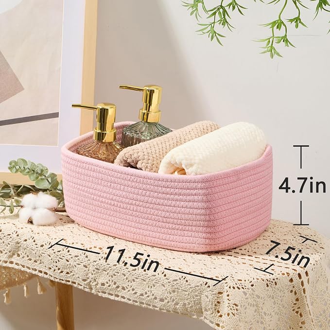 MiniArk Small Storage Baskets for Organizing | Closet Organizer Bins | Shelf Toy Basket | Woven Rope Baskets | Cube Decorative Box | Shallow Basket | 11.5x7.5x4.7” | 3 Packs Light Pink