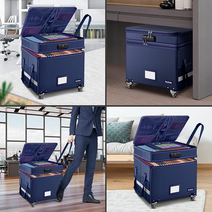 DocSafe File Box with Lock, 2-Layer Fireproof Document Box with Wheels,Collapsible File Storage Organizer with Pockets,Large Portable Office Filing Cabinet Hanging Folders,Blue,16''x13.8''x12.2''