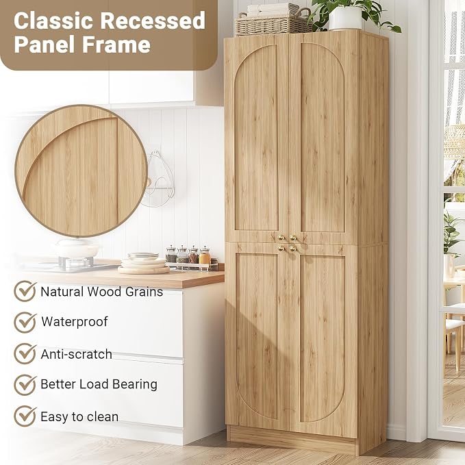 Cyclysio 80" Kitchen Pantry, Extra Tall Arch Storage Cabinet with 8 Soft Close Doors and Adjustable Shelves, Freestanding Wood Cupboard with Seamless Fit Wall for Dining Living Room Bathroom Furniture