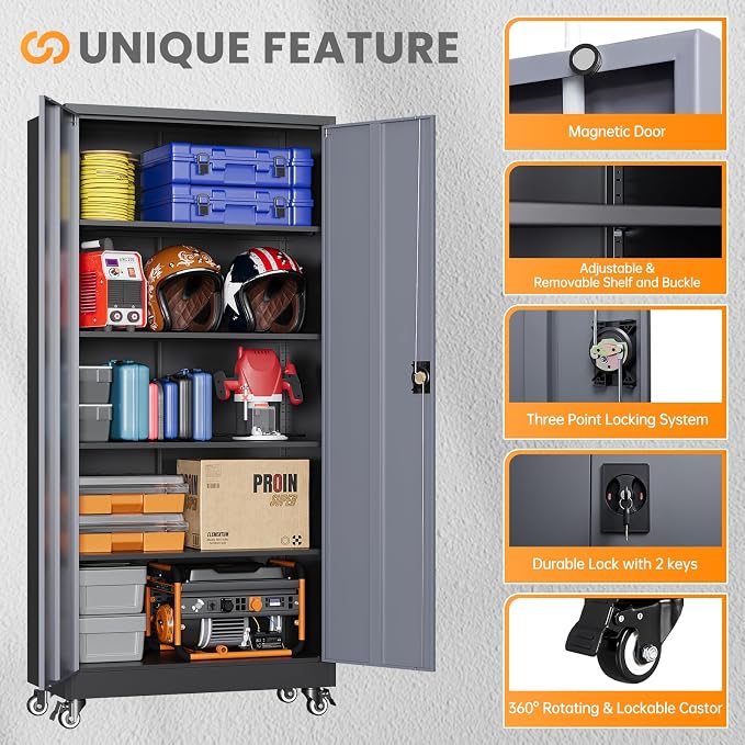 Metal Garage Cabinets with Wheels 15.8" D x 31.5" W x 75" H-Black | Heavy Duty, Locable