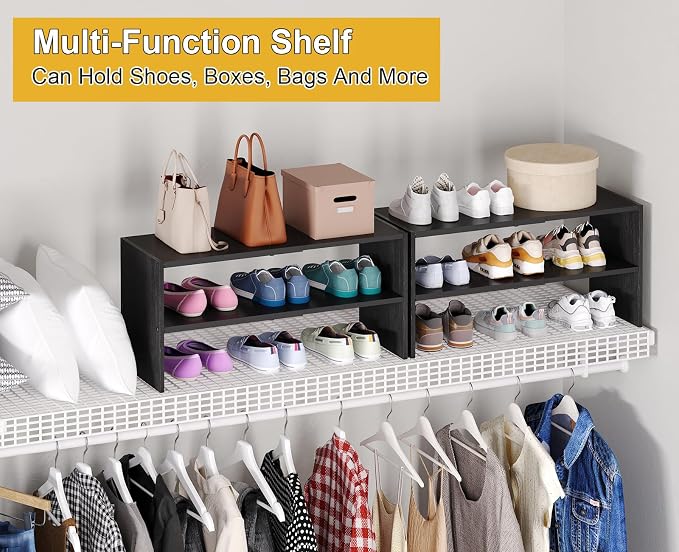 Black Shoe Rack Organizer for Closet, 2-Tier Expandable Shoe Shelf, Stackable Iron Wood Combination Small Shoe Racks Shelves for Closets, Entryway,Small Space,Hallway,Garage,6-12 Pairs