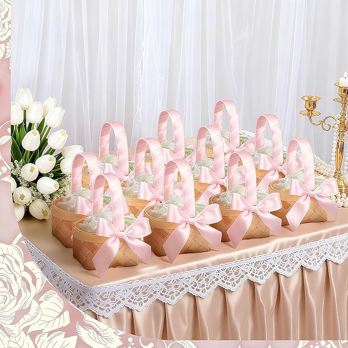 12 Pcs Mini Flower Girl Basket Mini Woven Baskets with Handles Wood Chip Flower Fruit Picnic Holder with Pink Ribbon Chip Bucket for Wedding Party Gifts Baby Shower Birthday Party Decoration