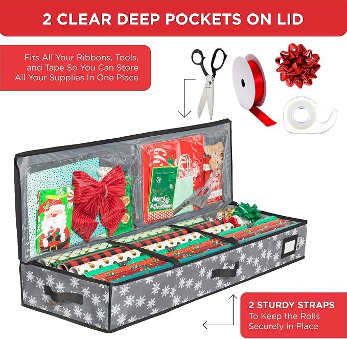 HOLDN’ STORAGE Premium Wrapping Paper Storage Container, Grey w/Snowflakes | Durable 600D Tear-Proof, Fits 27 Rolls Gift Wrap, Extra Pockets for Ribbons & Bows, Underbed Storage