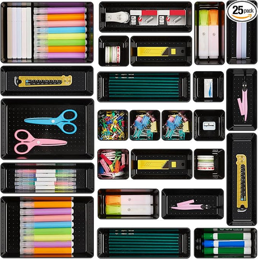 Vtopmart 25 Pack Plastic Drawer Organizers with Non-slip Rubber Pads | 4-Size Versatile Makeup Organizer, Storage Containers Small Bins for Makeup, Jewelries, Bedroom, Kitchen Utensils and Office