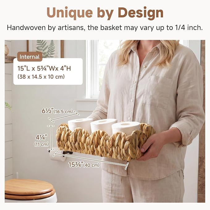 StorageWorks Small Scalloped Baskets for Decor, Wicker Toilet Paper Basket | Water Hyacinth Back of Toilet Basket Tank Topper, Decorative Bathroom Baskets for Organizing and Storage, 2 Pack