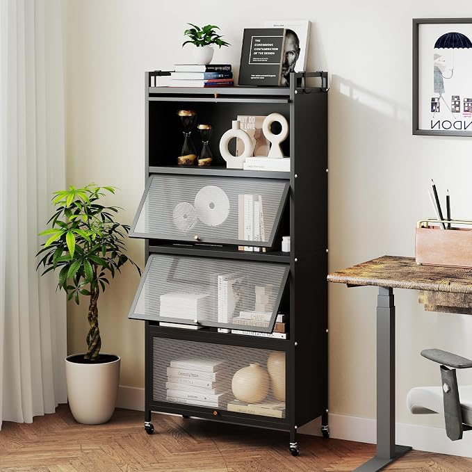 Giantex 5-Tier Kitchen Storage Cabinet, Freestanding Metal Baker's Rack w/4 Flip-up PC Doors, 4 Hooks, Adjustable Feet & Rolling Wheels, Mobile Microwave Stand for Dining Room, Living Room (Black)