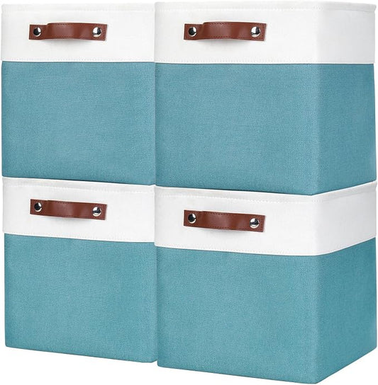 Bagnizer Collapsible Fabric Storage Cubes 11x11 Cube Storage Bins, 4 Pack Closet Baskets Box with Handles for Organizing, Shelf, Toys, Clothes, Home, Office, Nursery (Teal&White)