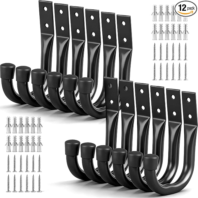 Heavy Duty Garage Storage Hooks, 12-piece Bike Hooks for Garage Wall, Utility Garage Hooks, Wall Mount J Hook for Hanging, Large Metal Storage Organizer Tool, Extension Cord Hanger