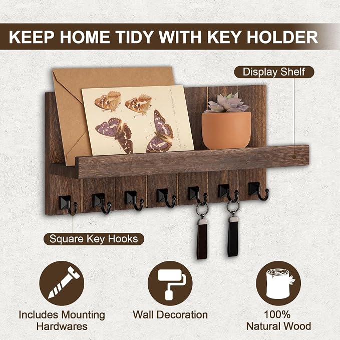 Key Holder for Wall, Decorative Key Holder with Shelf, Key and Mail Holder Wall Mount, Farmhouse Decor with 7 Key Hooks for Keys, Coats, ect.