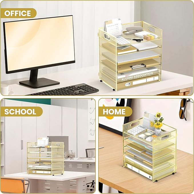 Daltack 6-Tier Paper Organizer for Desk with Handle, Gold | Sturdy Metal Mesh Organizer with Movable Middle Trays and a Carry Handle for Papers, Folders and Office Supplies