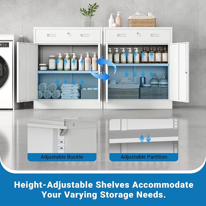Metal Storage Cabinet, 36" Locking Cabinet with Adjustable Shelves for Garage, Office (White, 1 Drawer)