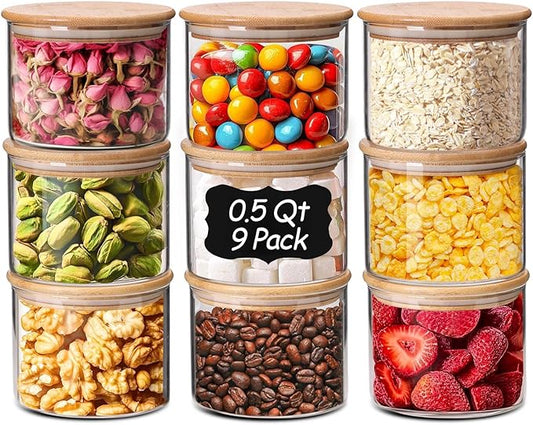 ComSaf Glass Storage Containers With Lids 0.5 Qt, 9 Pack Small Glass Jars | Small Glass Containers, Spice Jar 15oz, Candy, Family Snack Storage, Coffee Bar Organization, Size For Subpackage, BPA Free