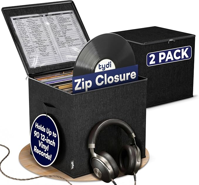 Vinyl Record Storage Box with Zip Closure 2 Pack, Black 2 Pack | Holds up to 90 12 inch LPs · Collapsible and stackable crate