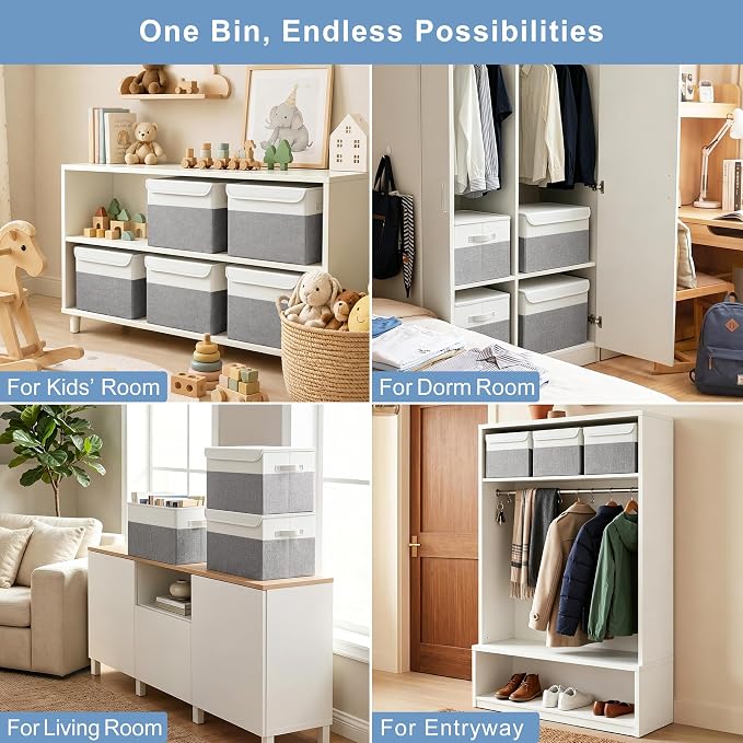 Bagnizer Large 22 Quart Linen Fabric Foldable Storage Bin Cube Organizer Basket with Flip-Top Lid & Handles, Clothes Blanket Box for Home, Office, Closet, Gray & White, 4 Pack 14.6 x 9.5 x 9.5”
