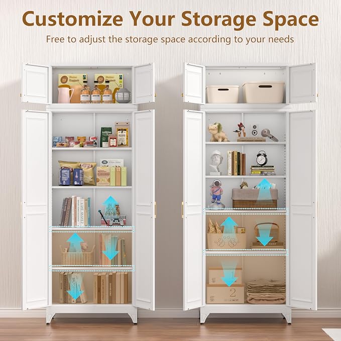 Polup 90" Pantry Cabinet, Tall Metal Storage Cabinet with Doors and Shelves | White Kitchen Cabinet, 5 Adjustable Shelving, Heavy-Duty, 2 Gold Handles, 4 Standing Feet, for Dining Room Garage & Laundry