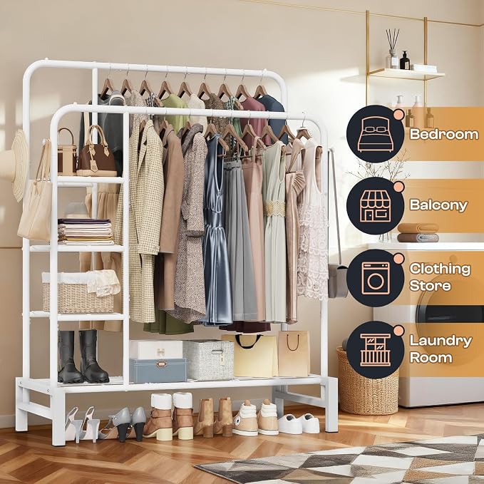 Clothes Rack for Hanging Clothes, Clothing Rack with shelves, White | Double Clothing Rack with 3 Tier Storage Shelves, Multifunctional Heavy Duty Garment Rack for Bedroom Laundry Wardrobe Closet