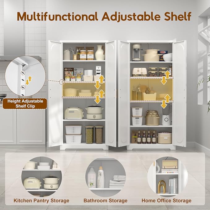 UNICOLY 71" Tall Storage Cabinet, Metal Kitchen Pantry Storage Cabinets | Pantry Cabinet with Doors and 4 Shelves，White Cabinets for Laundry Room, Living Room, Dinning Room, Assembly Required
