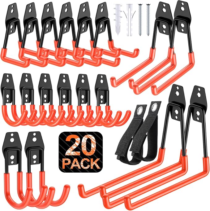 MKRUI 20-Pack Garage Hooks for Storage & Hanging Items, Save Space | Hangs Bikes, Ladders, Ropes, Hoses, Tools; for Garage, Warehouse, Shop, Shed, Yard