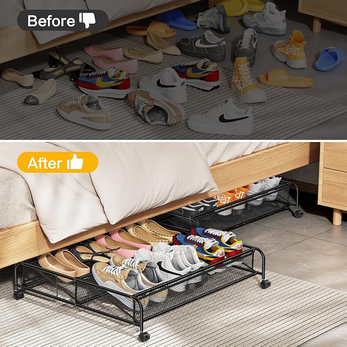 Under Bed Shoe Storage Organizer, 2 Pack Under Bed Storage Containers with Wheels for Under Bed Shoe Organizer Drawer Space Saving for bedroom
