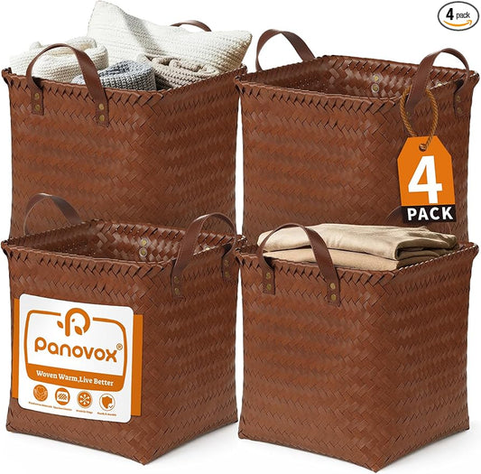 Wicker Storage Baskets, 4 Pack Woven Baskets for Shelves, Brown | PP Rattan, Water-resistant Wicker Basket, Large Baskets with Faux Leather Handles for Blanket, Laundry Organizer, Room Decor