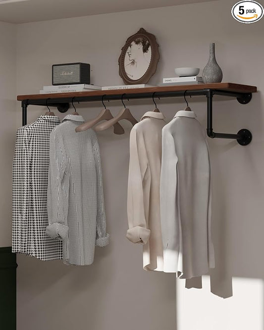 Clothes Rack 42in, Wall Mounted Garment Racks with Real Brown Wood Shelf, Heavy Duty Hanging Clothes Rack, Multi-Purpose Hanging Rod, Space-Saving Closet Storage