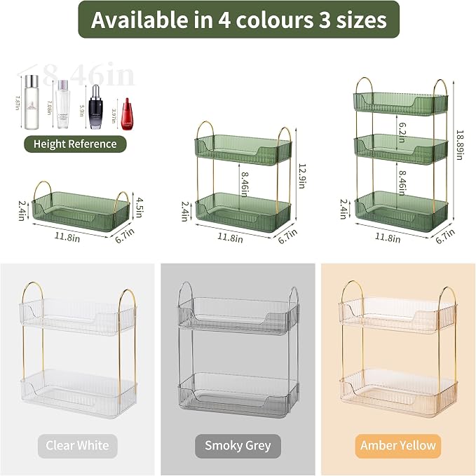 YCIA&DONE Bathroom Organizer Countertop, Makeup Storage, Skincare Cosmetic Tray Shelf, Perfume Holder Rack for Vanity Counter, Large Capacity, Easy to Install, Clean, 2 Tiers, Vintage Green