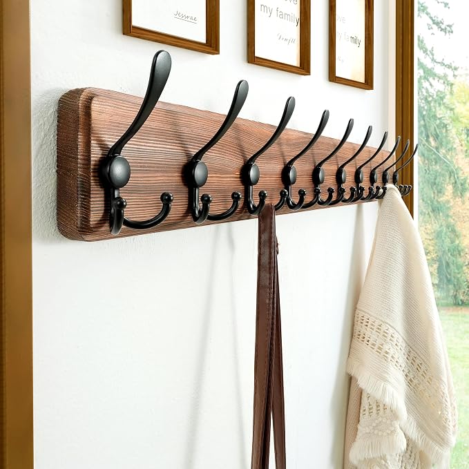 Coat Rack Wall - Heavy-Duty 38-1/4" Long, with Reinforced 10 Custom Tri-Hooks, Solid Wood Wall Hanger for Coats Hat Jackets - Rustic Farmhouse Entryway Storage, Natural & Black, Pack of 2
