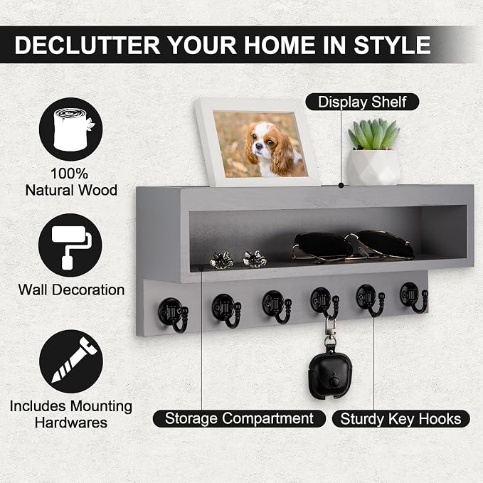 Key and Mail Holder Wall Mount, Key Hanger with Long Storage Box and 6 Hooks for Coat, Dog Leash, Home Decor Rack, House Accessories, Entry Way Organizer