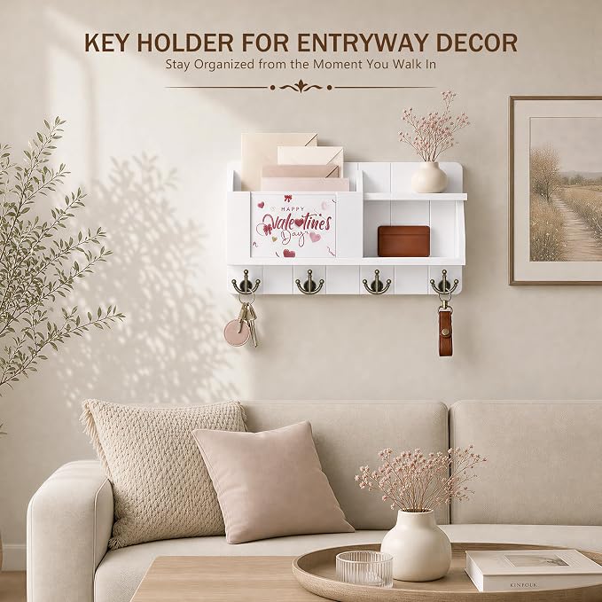 Rebee Vision Key Holder Wall Mount with Mail Organizer for Entryway, White | Key Holder for Wall, 4 Key Hooks, Floating Shelf, Home Decor, Mail Sorter, Key Hanger, with Chalkboard, Apartment Essential