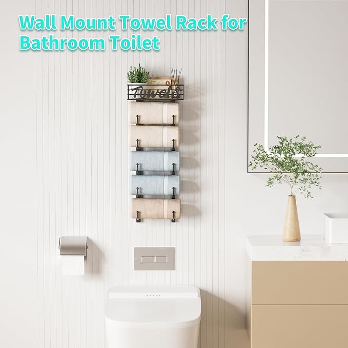 HapiRm Towel Racks for Bathroom Storage - 6 Tier Over The Door & Wall Mount Rolled Towel Storage Organizer Holder with Metal Shelf Basket for Small Bathroom, Camper, Rv - Black, Patented