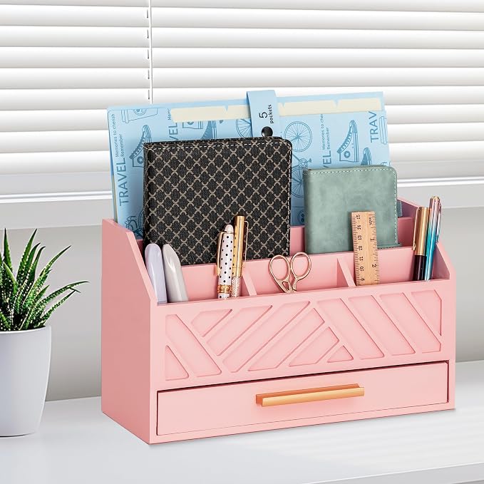 dreampossible Pink Wood Desk Organizer and Accessories with Drawer, Bill Mail Organizer and File Mail Holder for Office Supplies, Modern Desk Accessories & Workspace Organizers for Desk Organization
