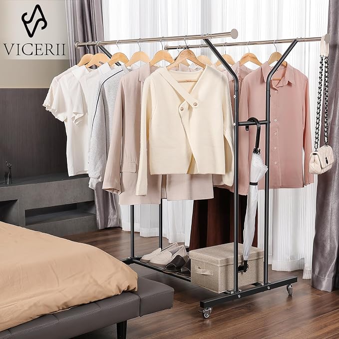 VICERII Clothing Rack, Heavy Duty Clothes Racks with Wheels and Bottom Shelf, 52.36’’ Metal Double Clothing Racks with Wheels, Wardrobe Rack for Hanging Clothes, Coats, Shirts, Skirts, Dresses, Black