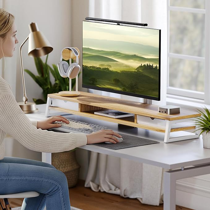 Fenge Dual Monitor Stand Riser, 42.5in Desk Shelf with 2 Drawers, Dark Oak | 2-Tier Monitor Shelf for Desk, Storage Drawer with Stopper, Frosted, fit Home Office, Ultrawide Screen, PC, Laptop, TV