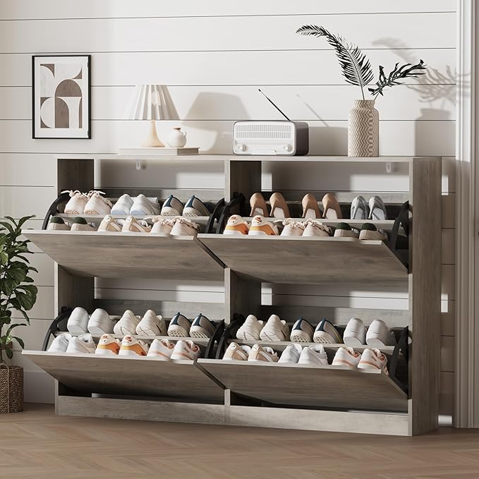 Xixini Shoe Storage Cabinet for Entryway with 4 Flip Drawers, Sturdy Wood Hidden Shoe Storage, Freestanding Narrow Slim Shoe Organizer for Front Door Entrance, Living Room, Hallway, Bedroom, Grey