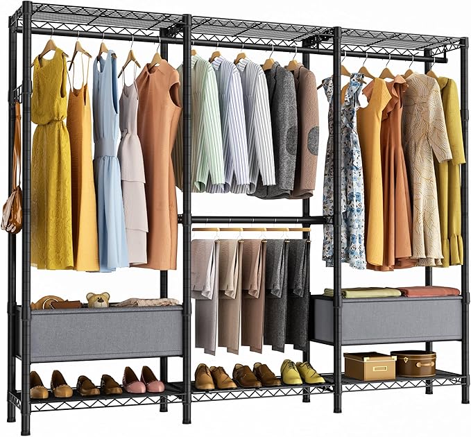 Golpart Heavy Duty Clothes Rack Metal Wardrobe with Adjustable Wire Shelves | Closet Organizers and Storage Clothing Rack Metal System Freestanding Hanging Clothes System Free Standing Garment Coat Racks